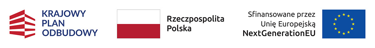 Baner przedstawiający logotyp Krajowego Planu Odbudowy oraz flagi Polski oraz Unii Europejskiej